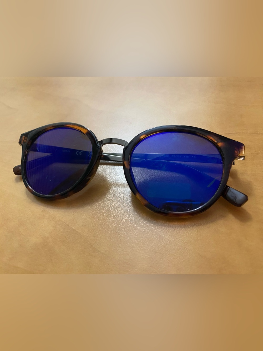 GUESS Round Tortoiseshell Sunglasses with Blue Mirrored Lenses